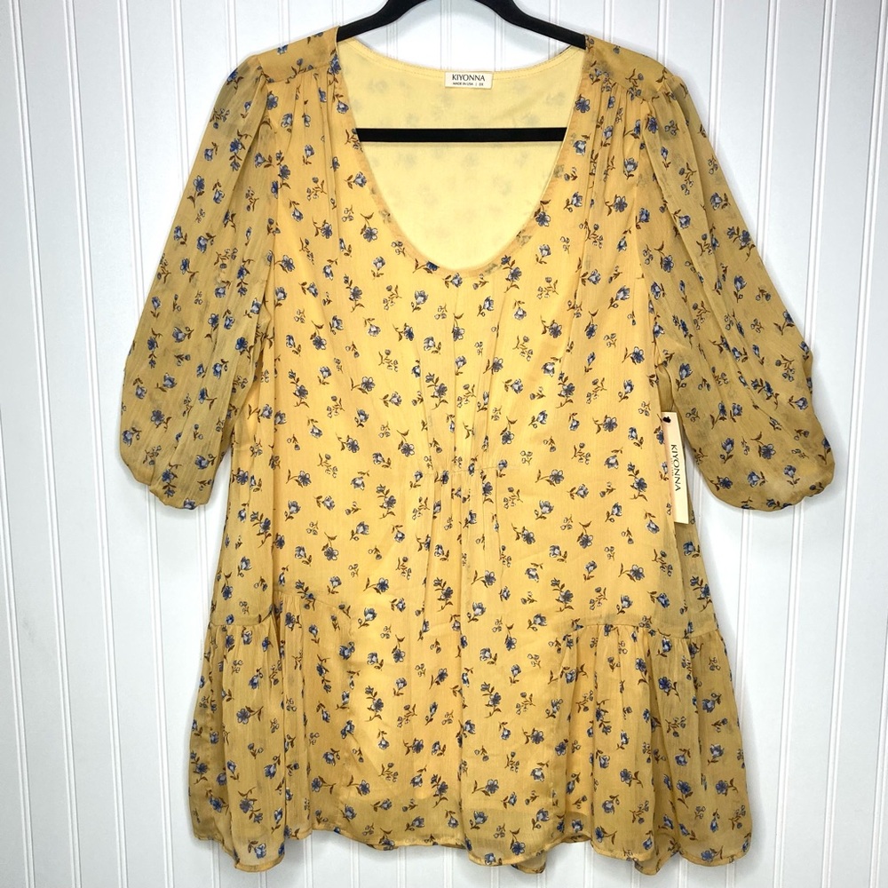 Kiyonna Top Floral Short Sleeve Ruffle Blouse Yellow Size 0X 10/12 NWT